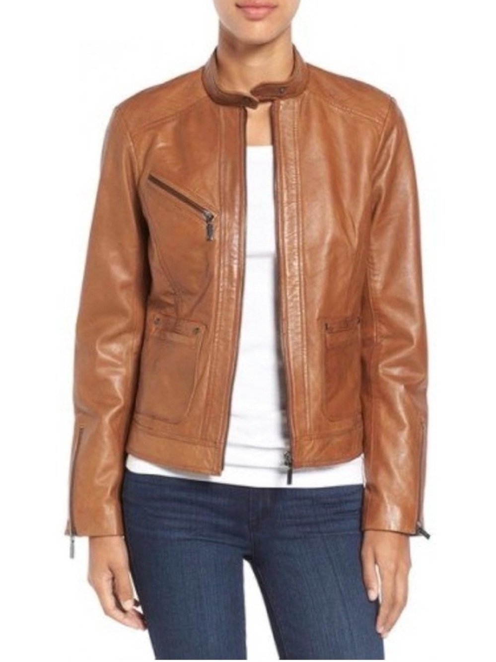 Bernardo Kirwin Leather Cropepd Jacket Tan Brown Size PXS